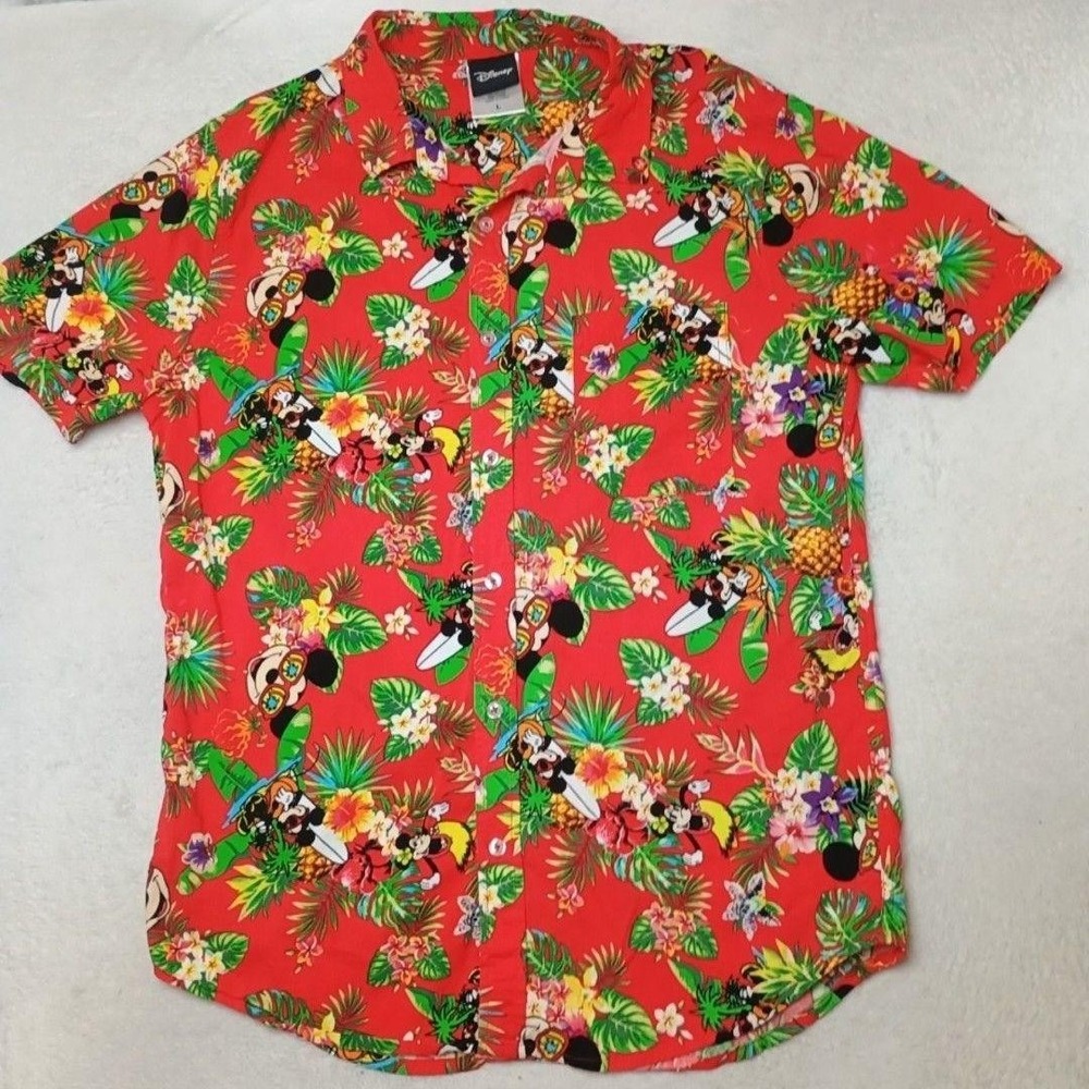 Disney Shirt Mens L Red Hawaiian Mickey Minnie Rayon Pineapple Button-Up Aloha